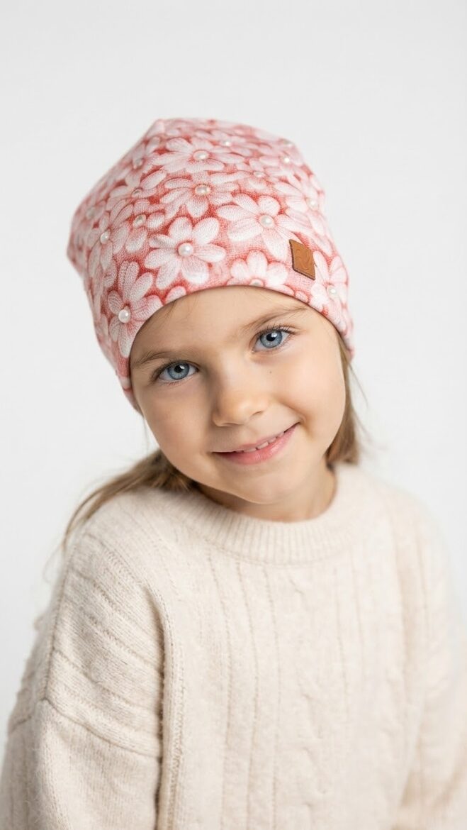 Beanie cepure, 4-6g, rozā ziediņi