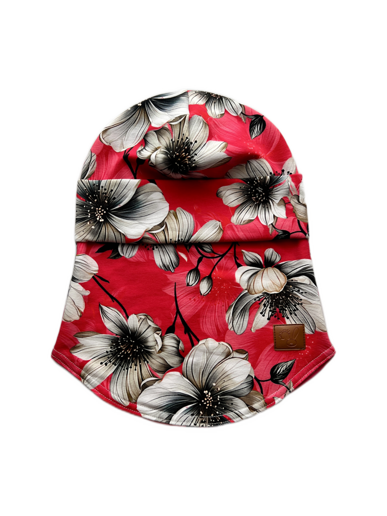 Starpsezonas ķivercepure 4-6gadi, pelēki ziedi uz fuksijas fona