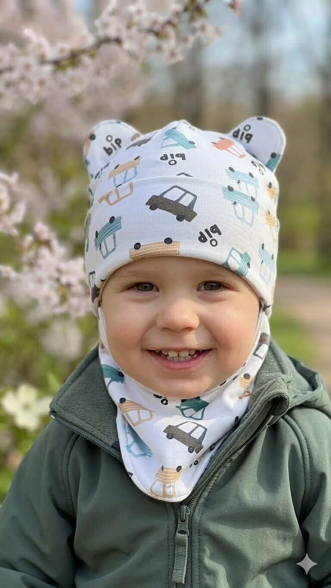 Starpsezonas ķivercepure 1-2gadi, balta ar mašīnu rakstu