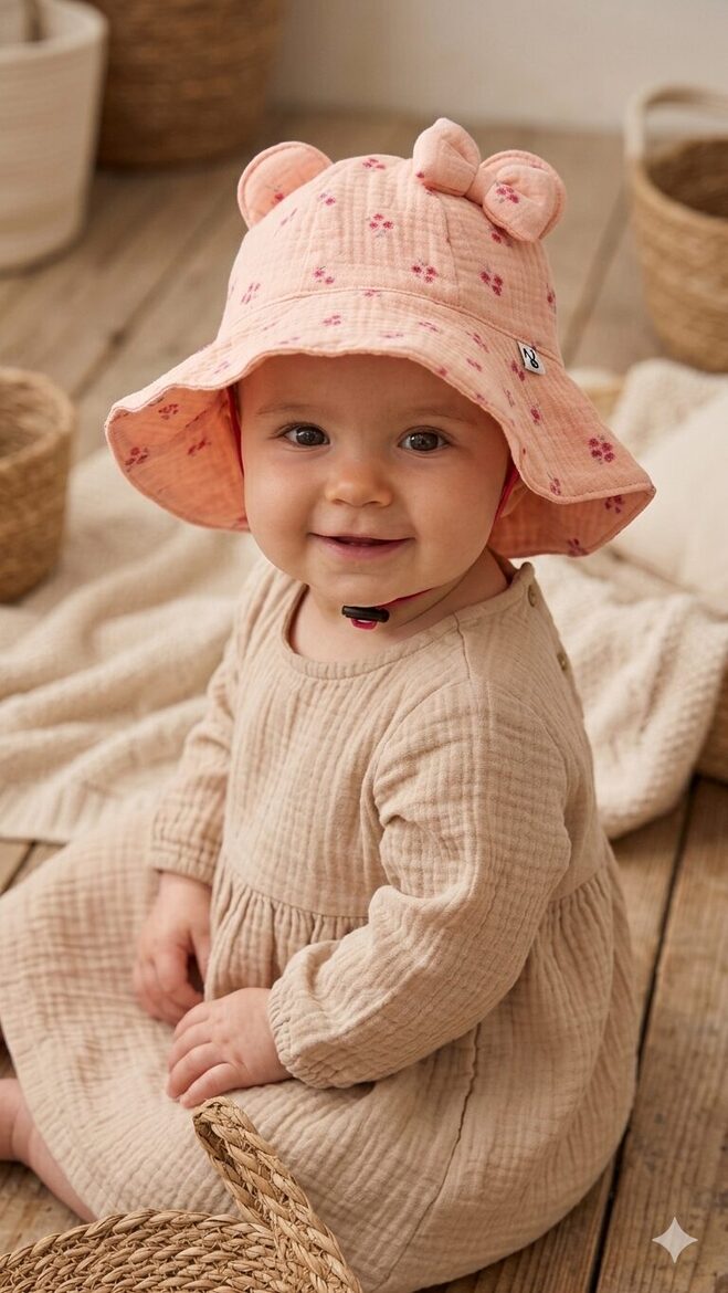 Muslina cepure 6-12m, rozā ar fuksijas ziediņiem