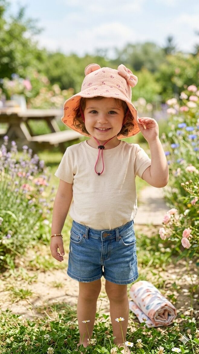 Muslina cepure 2-4gadi, rozā ar fuksijas ziediņiem