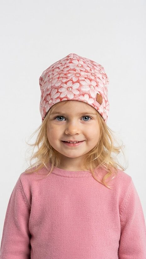 Beanie cepure 2-4gadi, rozā ziediņi.