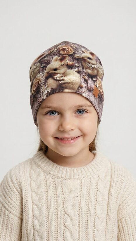 Beanie cepure, 4-6g, Zaķīši ar rozēm.