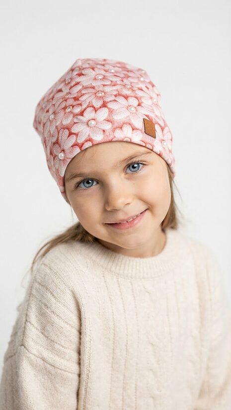 Beanie cepure, 4-6g, rozā ziediņi.