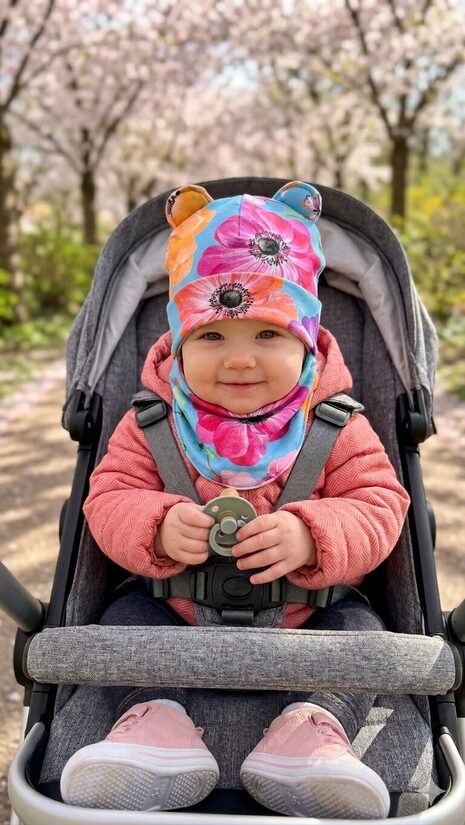 Starpsezonas ķivercepure 6-12mēneši, ziediņi uz zila