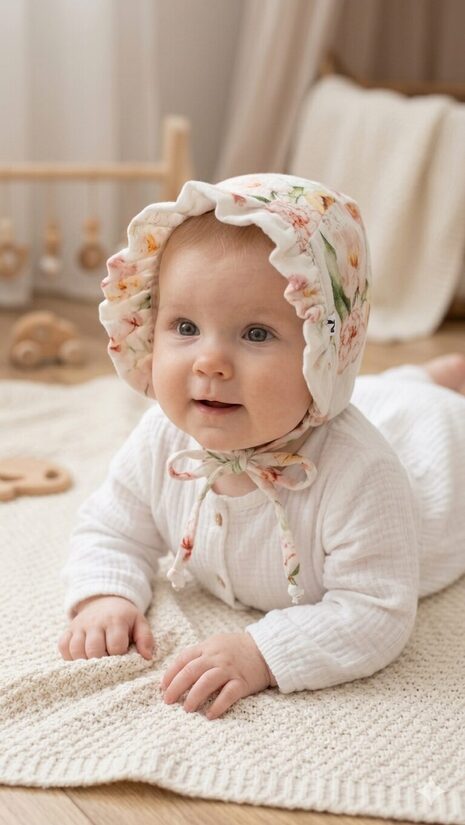 Muslina cepure 3-6m ar dekoratīvu maliņu, maigas rozītes