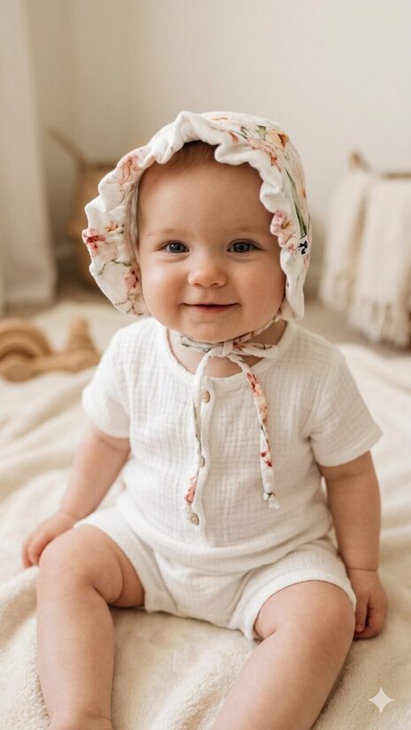 Muslina cepure 6-12m ar dekoratīvu maliņu, maigas rozītes