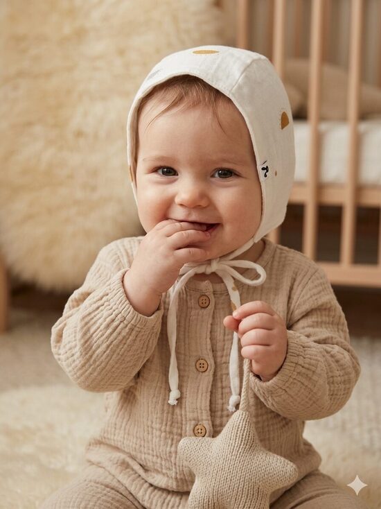 Muslina cepure 6-12m, balta ar rombiņiem