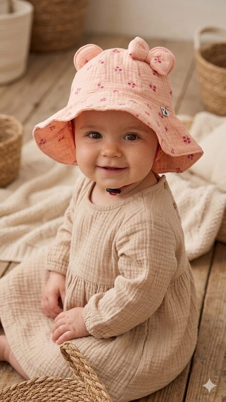 Muslina cepure 6-12m, rozā ar fuksijas ziediņiem