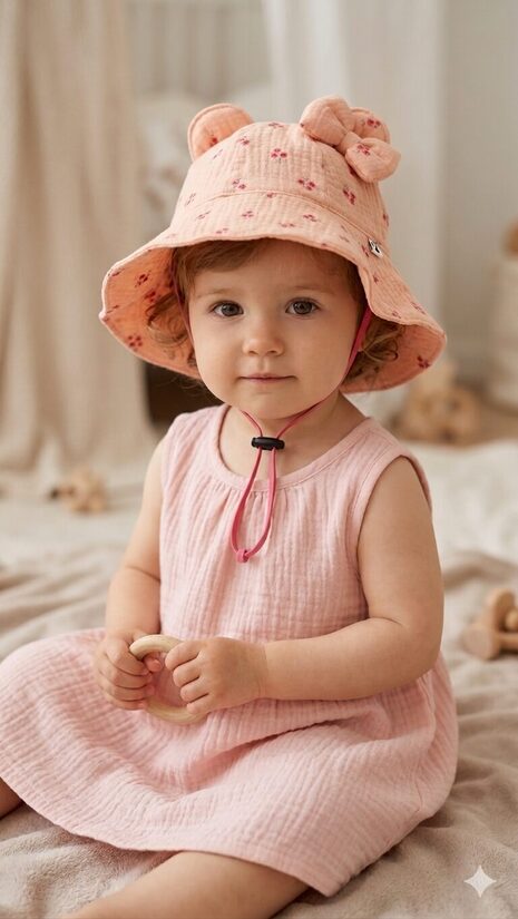 Muslina cepure 1-2gadi, rozā ar fuksijas ziediņiem