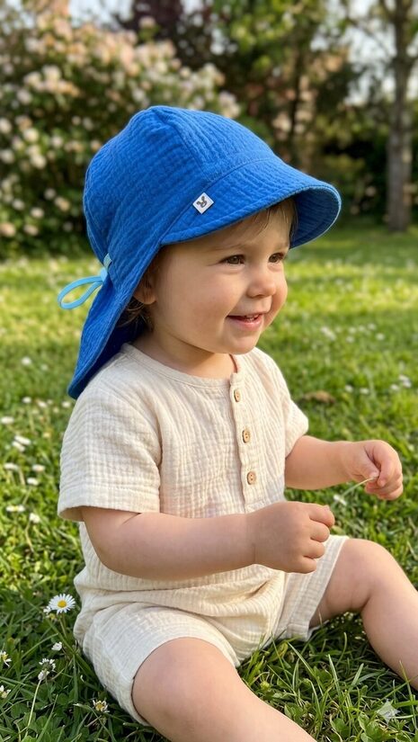 Muslina cepure ar nagu, 1-2gadi, rudzupuķu zila.