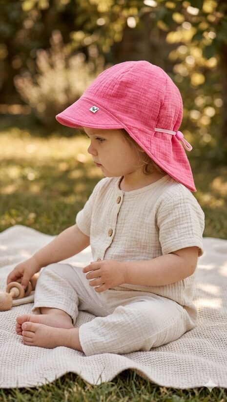 Muslina cepure ar nagu, 1-2gadi, koraļļrozā tonos.