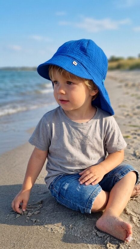 Muslina cepure ar nagu, 2-4gadi,  rudzupuķu zila.