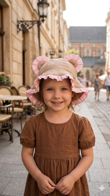 Muslina cepure 4-6gadi, brūna ar rozā cakiņu.