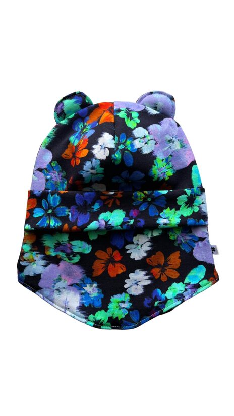 Starpsezonas ķivercepure 6-12mēneši, ziediņi uz melna