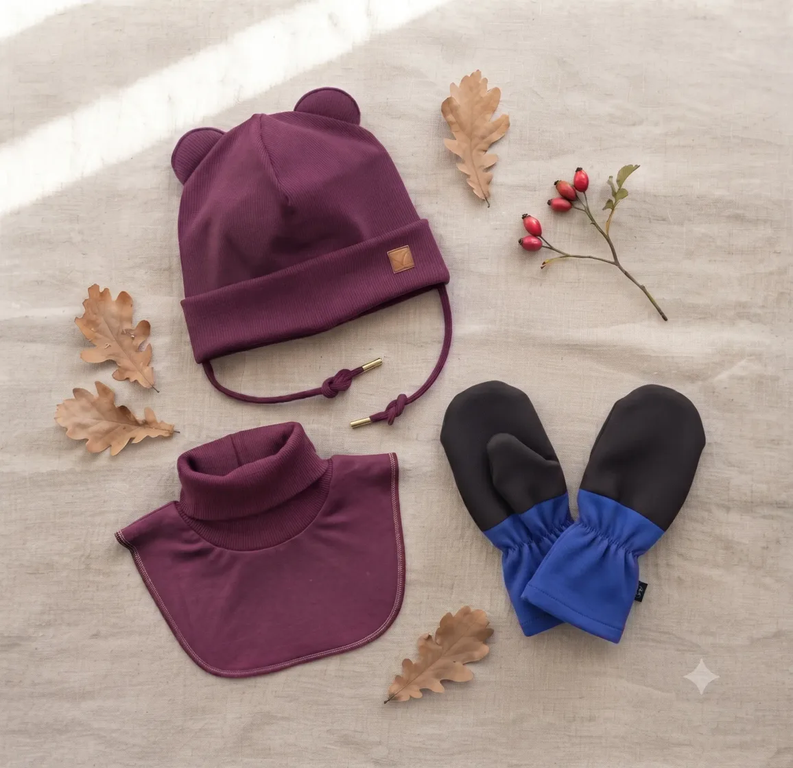 Bērnu ķivercepure, apkaklīte un softshell cimdi rudens komplektā
